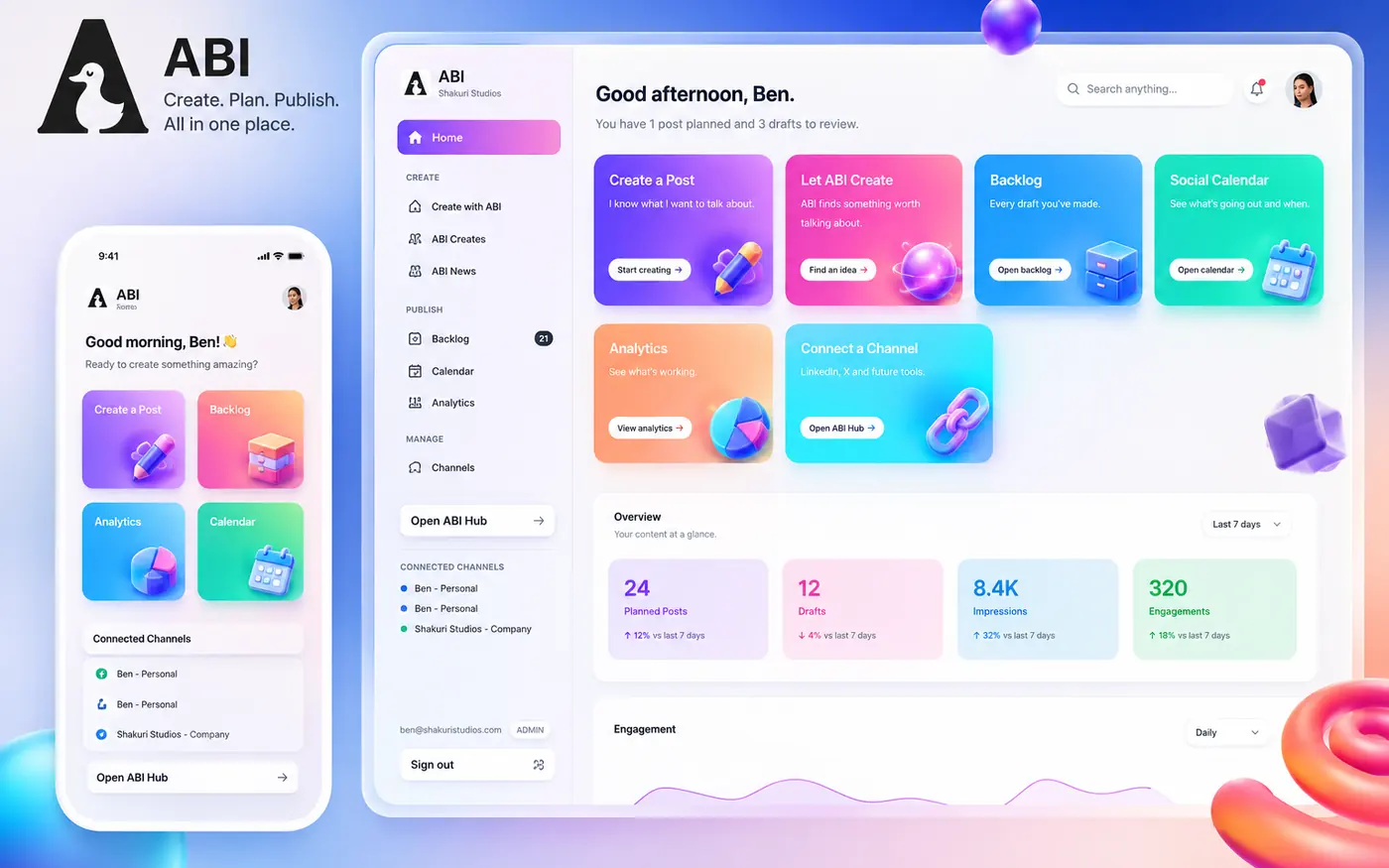 ABI social publishing tool on desktop and mobile