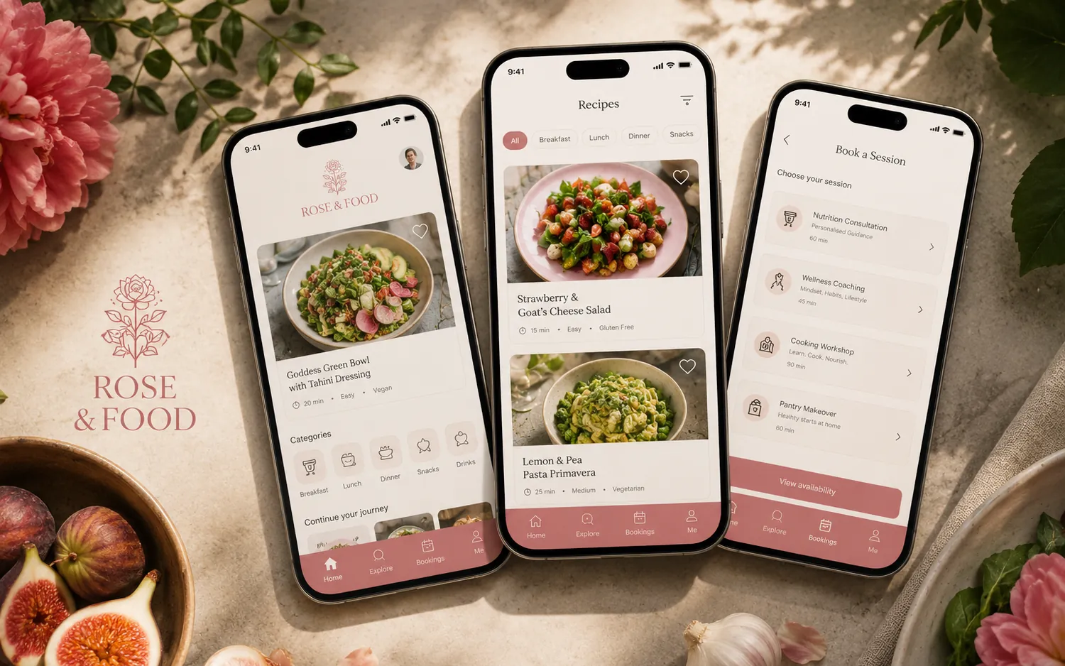 Rose and Food iOS app screens and brand identity